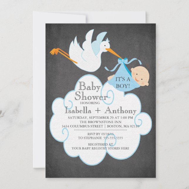 Cute Stork Chalkboard Boy Baby shower Invitation (Devant)