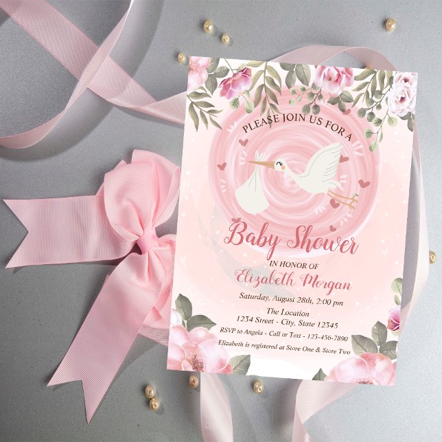 Cute Stork Floral Baby Shower Invitation (Creator Uploaded)