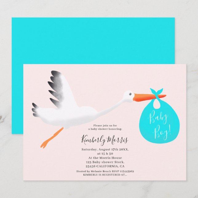 Cute stork pink bag illustration baby boy shower invitation (Front/Back)