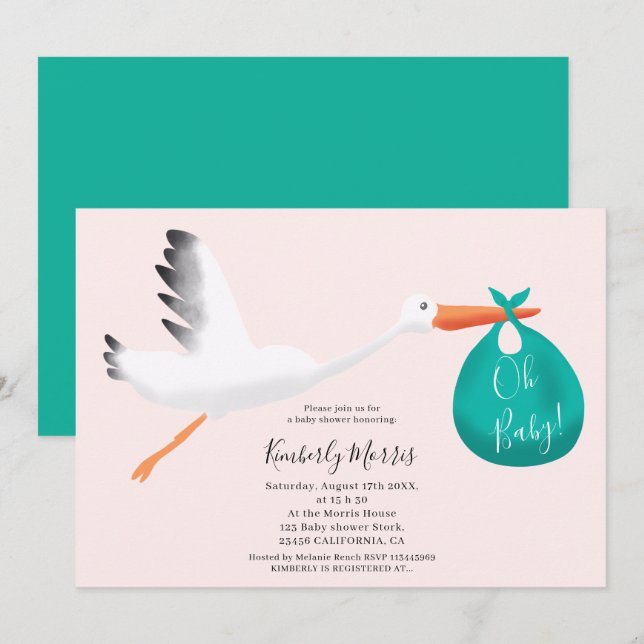 Cute stork teal bag illustration baby shower invitation (Front/Back)