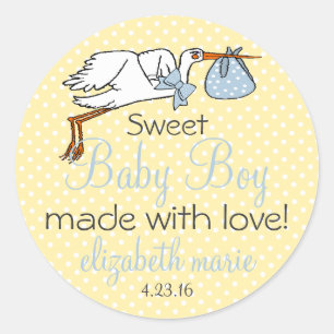 Cute Stork Yellow and Blue Baby Shower Guest Classic Round Sticker
