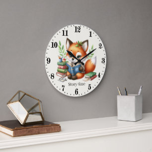 Cute story time add text fox reading lovers large clock