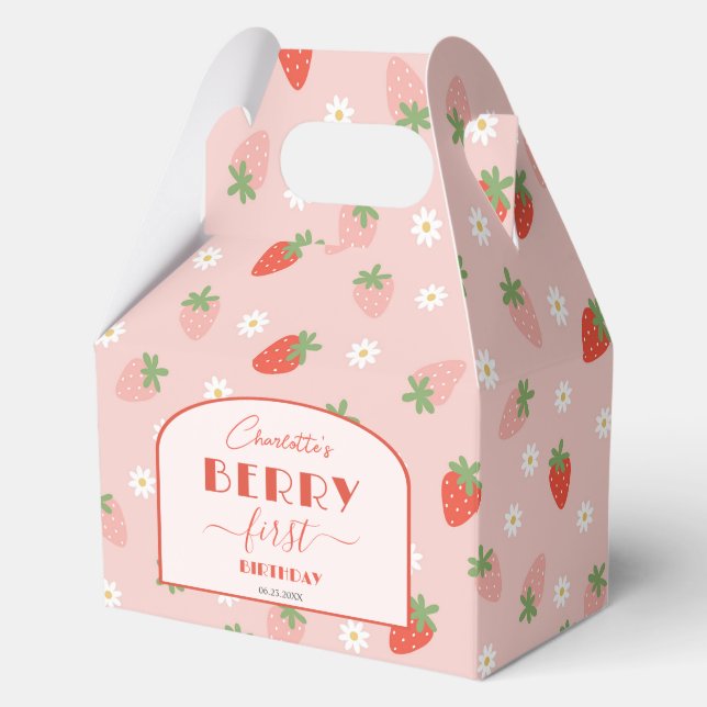 Cute Strawberries Berry First 1st Birthday Gable Favor Box (Front)