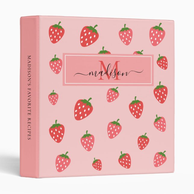 Cute Strawberries Cookbook Monogram Recipe Binder (Front/Spine)