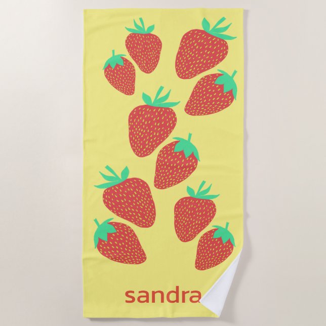 Cute Strawberries Fruity Fun CUSTOM NAME Beach Towel (Front)