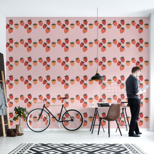 Cute Strawberries on Dusty Pink Wallpaper (Living Room)