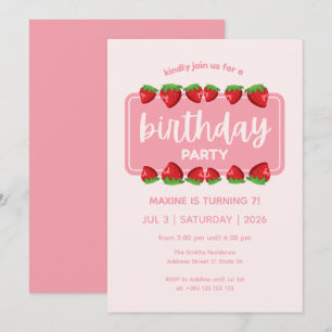 Cute Strawberries Pink Birthday Party Invitation