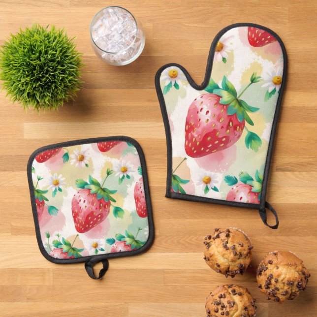 Cute strawberries rainbow birthday party oven mitt & pot holder set (Top Down)