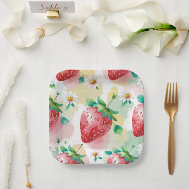 Cute strawberries rainbow birthday party paper plate (Wedding)