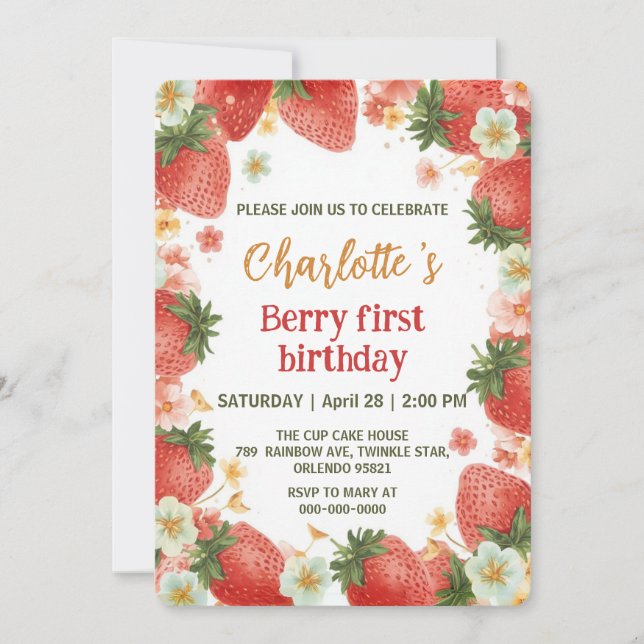 Cute strawberries rainbow pattern 1st birthday invitation (Front)