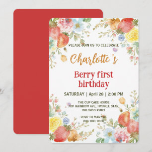 Cute strawberries rainbow pattern 1st birthday invitation