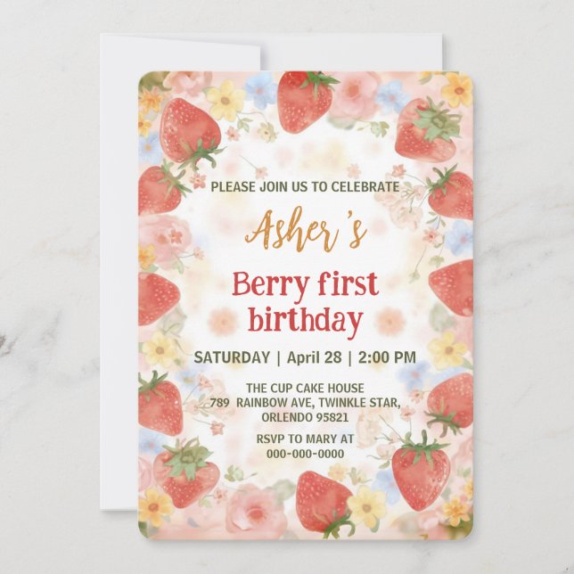 Cute strawberries rainbow pattern 1st birthday invitation (Front)