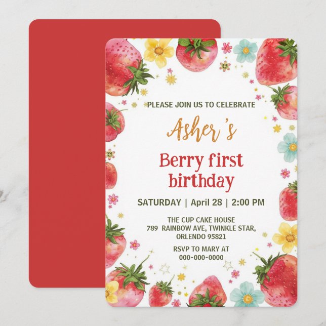 Cute strawberries rainbow pattern 1st birthday invitation (Front/Back)