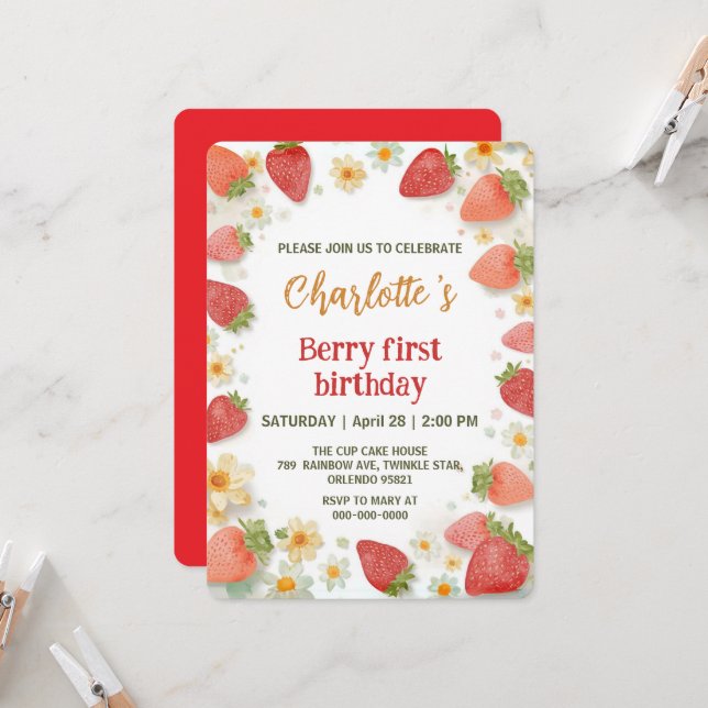 Cute strawberries rainbow pattern 1st birthday invitation (Front/Back In Situ)