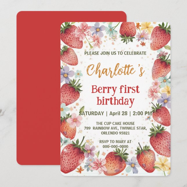 Cute strawberries rainbow pattern 1st birthday invitation (Front/Back)