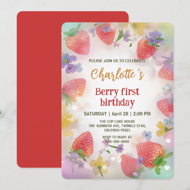 Cute strawberries rainbow pattern 1st birthday invitation (Front/Back)
