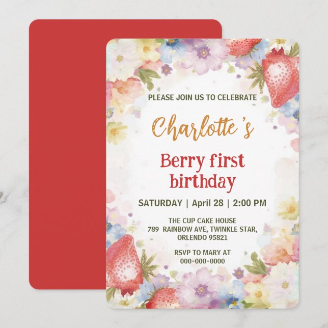 Cute strawberries rainbow pattern 1st birthday invitation (Front/Back)