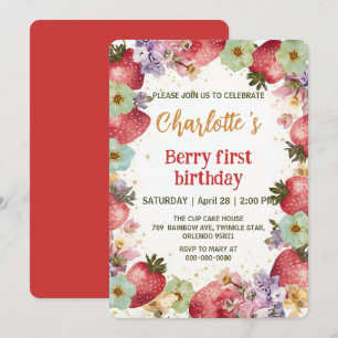 Cute strawberries rainbow pattern 1st birthday invitation