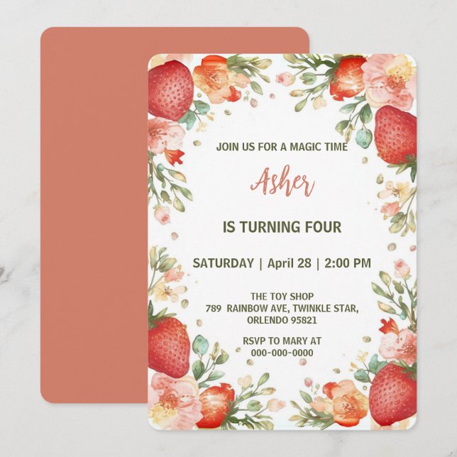 Cute strawberries rainbow pattern birthday party invitation (Front/Back)