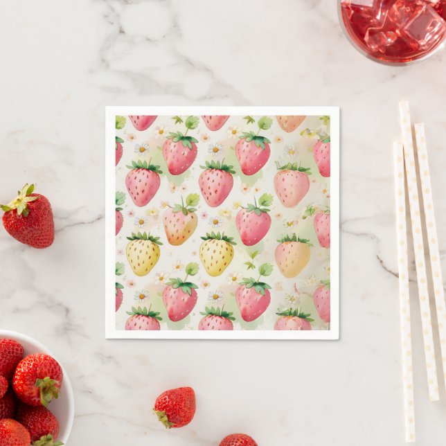 Cute strawberries rainbow pattern birthday party napkin (Insitu)
