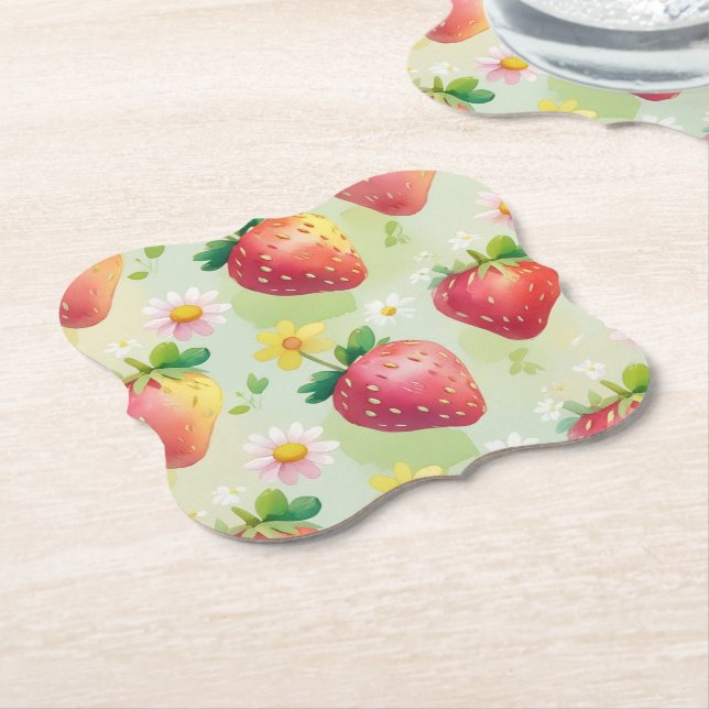 Cute strawberries rainbow pattern birthday party paper coaster (Angled)