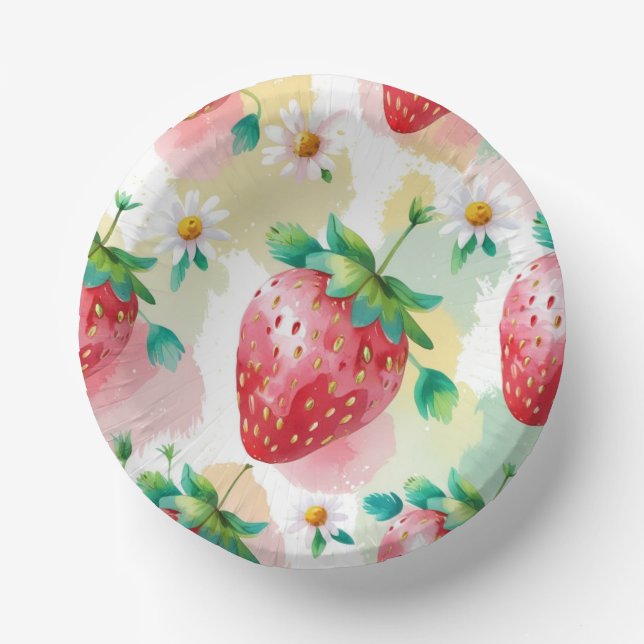 Cute strawberries rainbow pattern birthday party paper plate (Front)