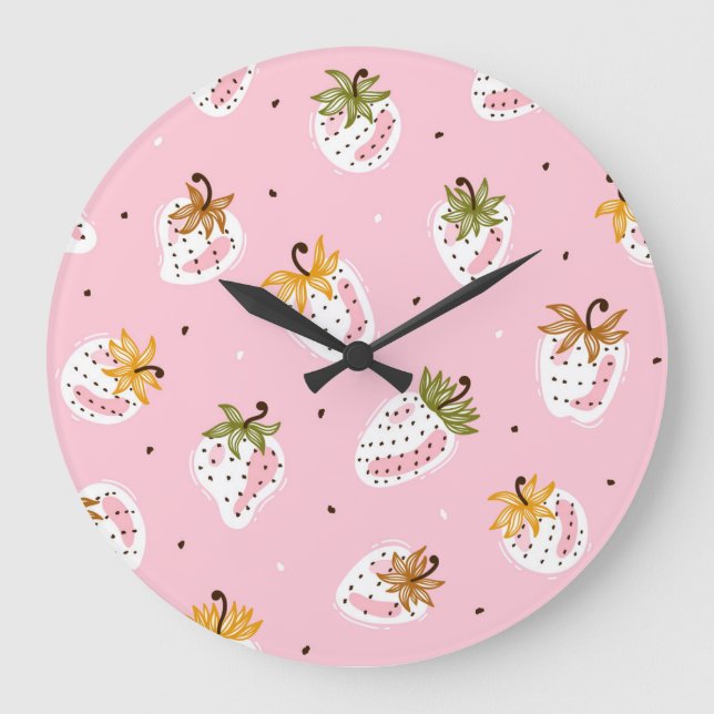 Cute Strawberries Vintage Fruit Wallpaper Large Clock (Front)