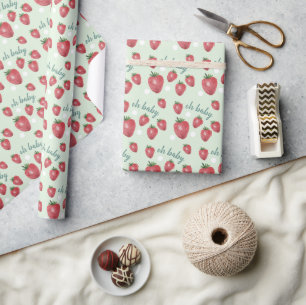 Cute Strawberries Watercolor Hand-painted on Mint Wrapping Paper