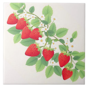 Cute Strawberries With Green Leaves And  Flowers Tile