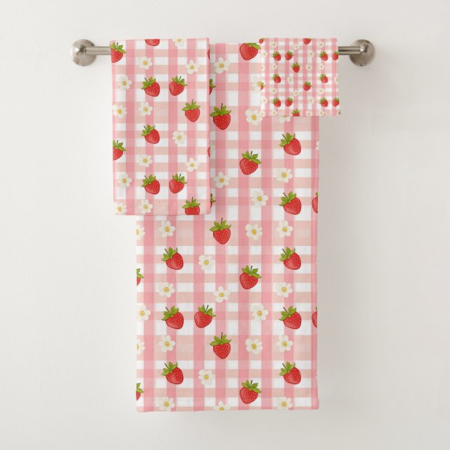Cute strawberry and flowers on a pink gingham bath towel set (Insitu)