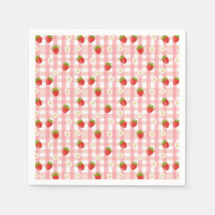 Cute strawberry and flowers on a pink gingham napkin