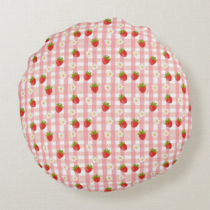 Cute strawberry and flowers on a pink gingham round pillow