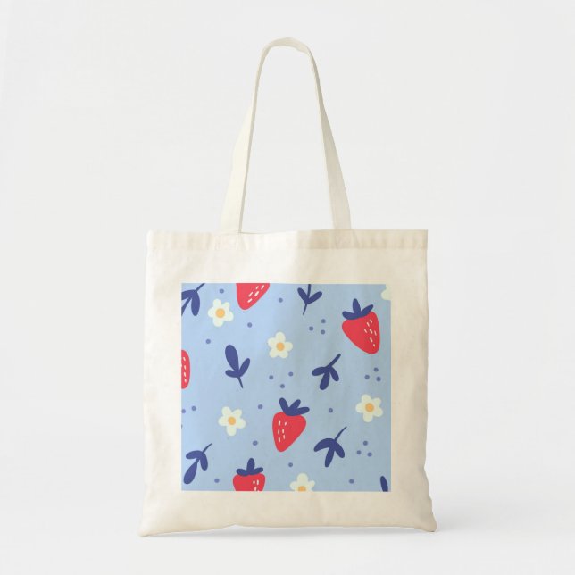 Cute Strawberry and Spring Flower Pattern on Blue Tote Bag (Front)