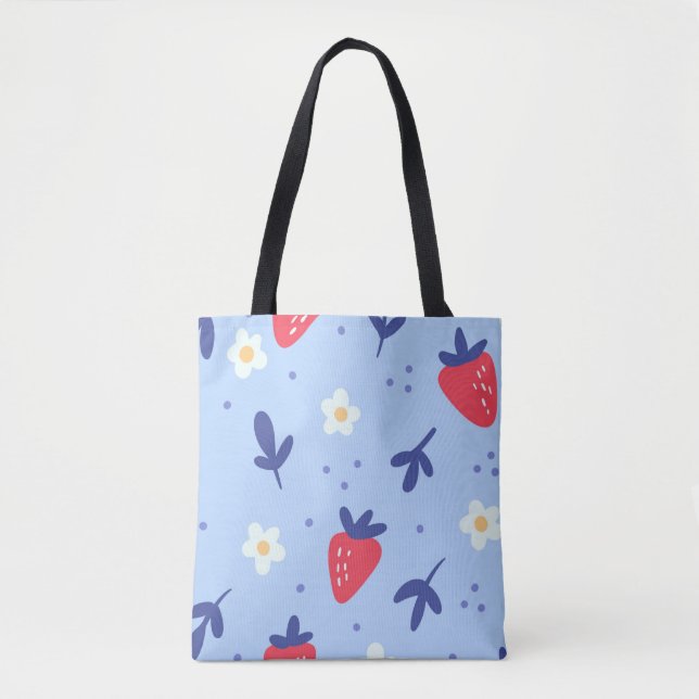 Cute Strawberry and Spring Flower Pattern on Blue Tote Bag (Front)