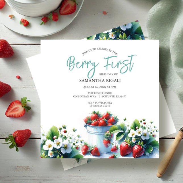 Cute Strawberry Berry First Birthday Invitation (Berry sweet birthday invitations watercolor strawberries in shades of red. )