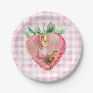 Cute Strawberry Berry Photo Pink Gingham Brithday Paper Plate