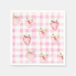 Cute Strawberry Berry Pink Gingham Brithday Napkin
