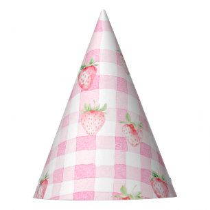 Cute Strawberry Berry Pink Gingham Brithday Party Hat