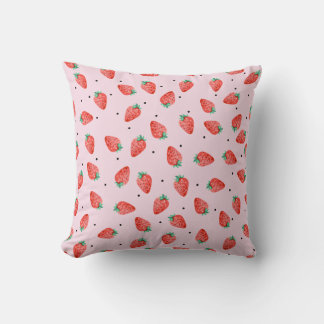 Cute Strawberry Blanket With Black Dots, pink Throw Pillow
