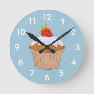 Cute Strawberry Bun Blue Round Clock