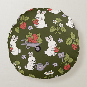 Cute Strawberry Bunny Garden Pattern Cottagecore Round Pillow