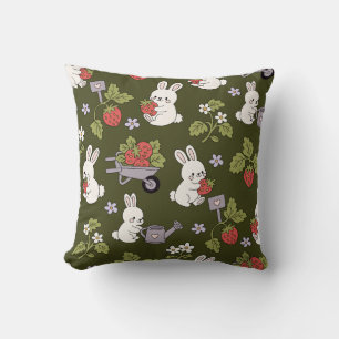 Cute Strawberry Bunny Garden Pattern Cottagecore Throw Pillow