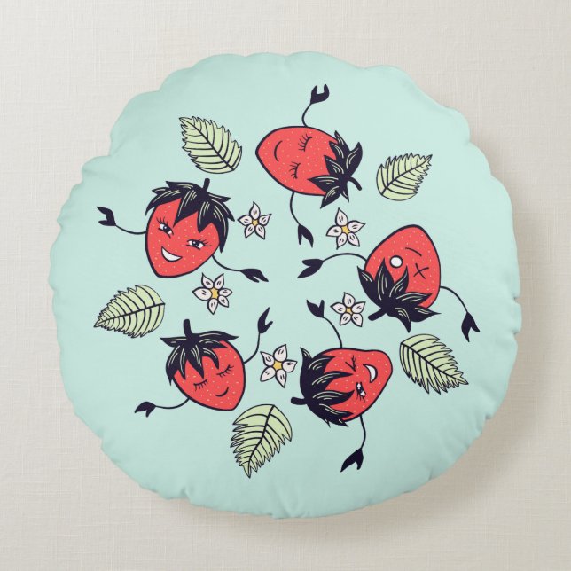 Cute Strawberry Characters Round Pillow (Front)