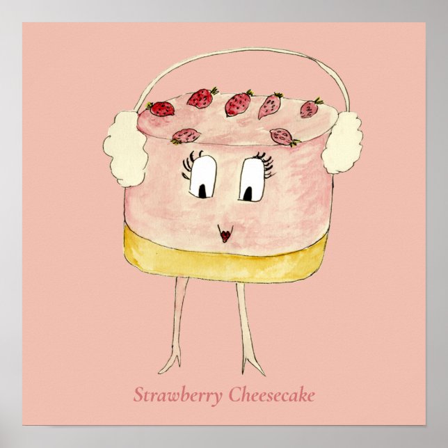 Cute Strawberry Cheesecake Funny Quirky Cake Pink Poster (Front)