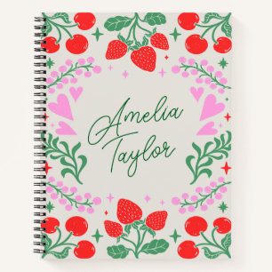 Cute Strawberry Cherry Aesthetic Personalized Name Notebook