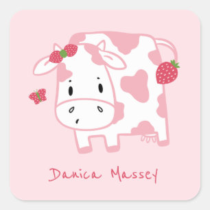 Cute Strawberry Cow and Butterfly   Name Square Sticker