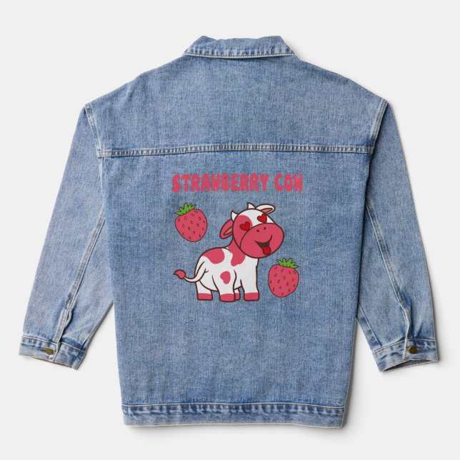 Cute Strawberry Cow Print Denim Jacket (Back)