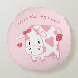 Cute Strawberry Cow   Seize the Moo-ment  Round Pillow