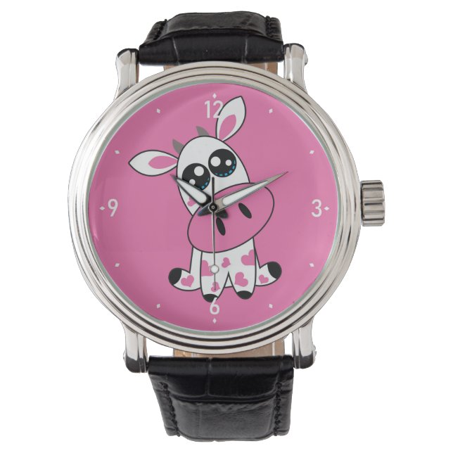 Cute Strawberry Cow smiling face pink Watch (Front)