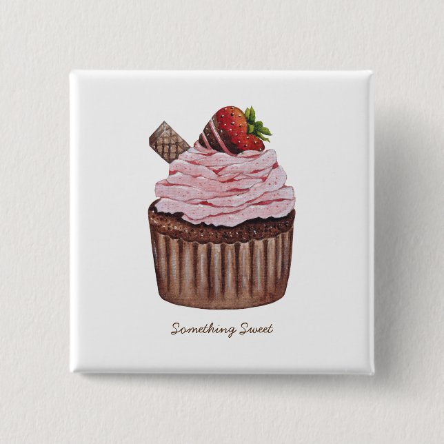Cute Strawberry Cupcake  In Watercolor  2 Inch Square Button (Front)